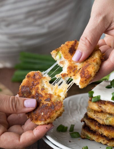 I'm basically obsessed with these EASY Loaded Mashed Potato Cakes! They're perfect for an after school snack or game day nibble!