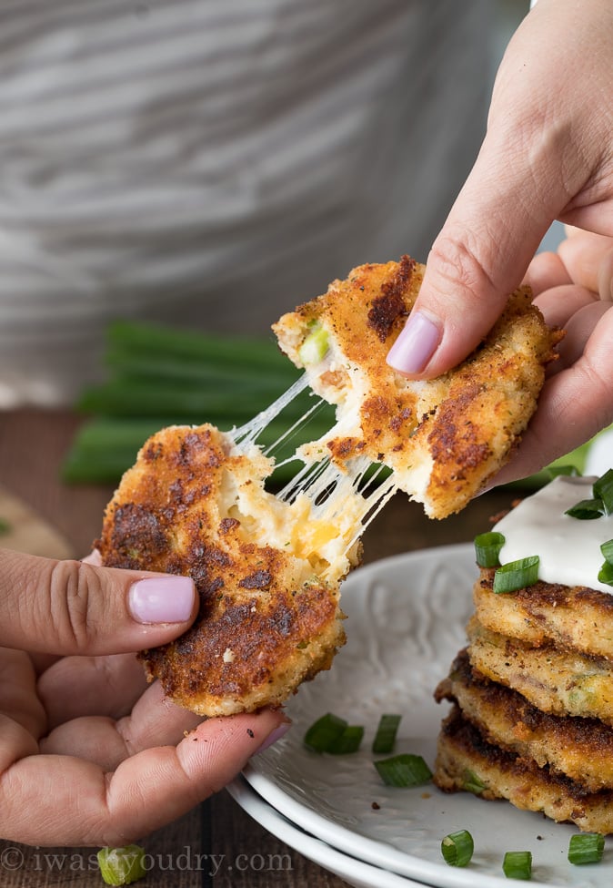 I'm basically obsessed with these EASY Loaded Mashed Potato Cakes! They're perfect for an after school snack or game day nibble!