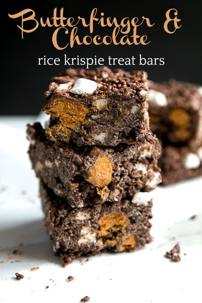 These Butterfinger Chocolate Rice Krispie Treats are a delicious twist on the classic Rice Krispie treat bar, but filled with chocolate and peanut butter!