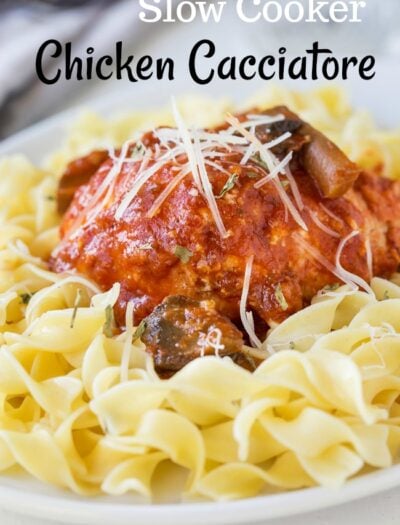 Slow Cooker Chicken Cacciatore is cooked in a crock pot; is saucy, hearty and requires only 5 main ingredients!! Hard to beat this comfort food that practically cooks itself.