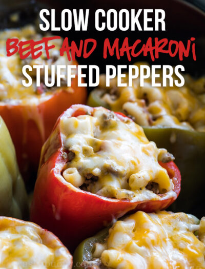 These quick and easy Slow Cooker Beef and Macaroni Stuffed Peppers are made with ground beef and are a family favorite!