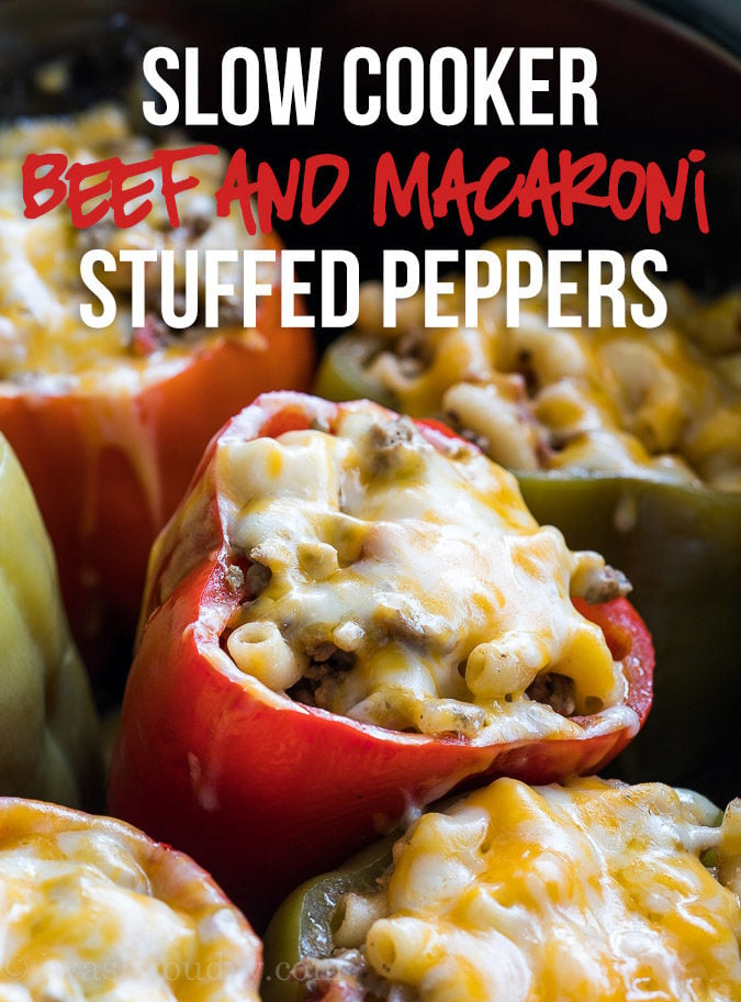 These quick and easy Slow Cooker Beef Macaroni Stuffed Peppers are made with ground beef and are a family favorite!