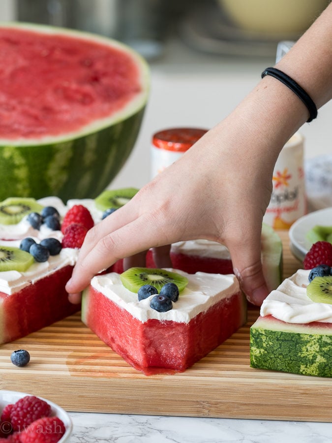 SUPER EASY! My kids go crazy over this delicious refreshing treat! Watermelon Fruit Pizza is my new favorite snack and dessert recipe!