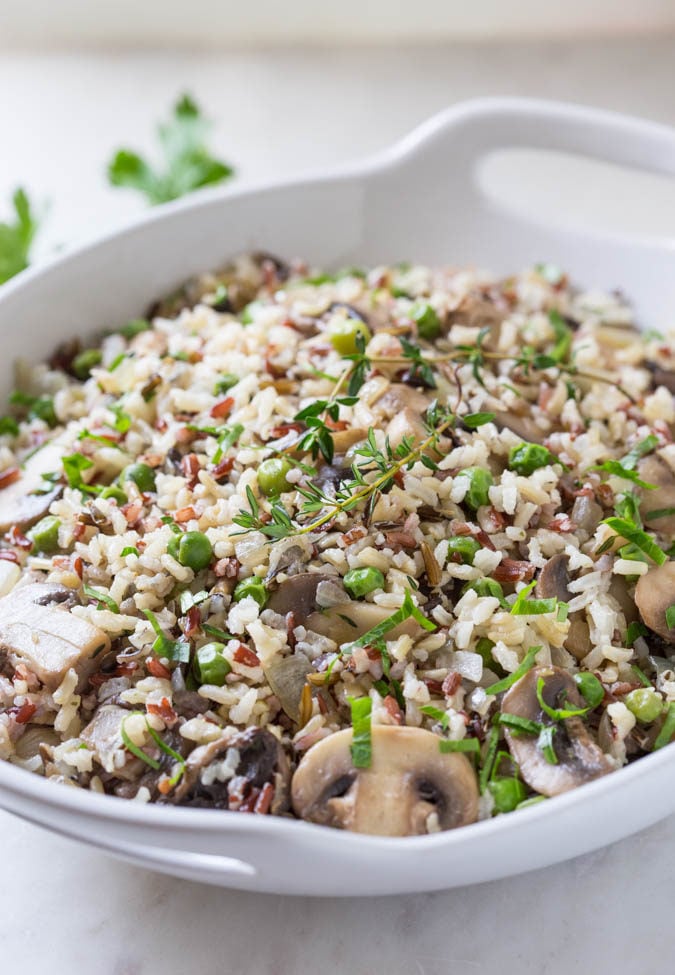 Under 30 min Wild Rice Mushroom Pilaf: a super-easy and delicious side dish perfect for potlucks and holiday gatherings.