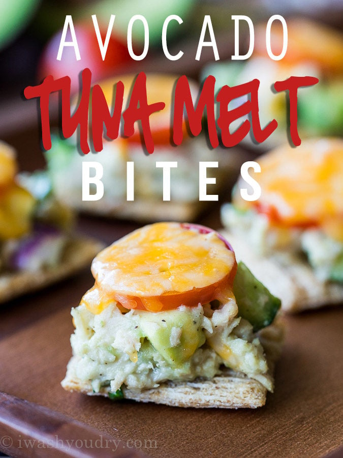 These Avocado Tuna Melt Bites are filled with flakey tuna and creamy avocado all on top of a crispy cracker and topped with melty cheese! Perfect appetizer!