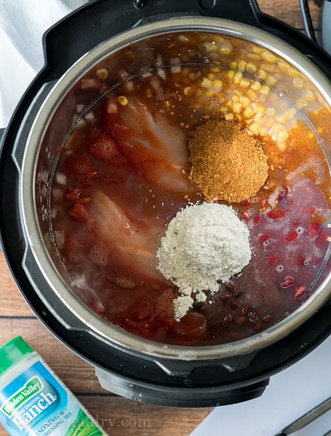 Just toss all the ingredients in the pressure cooker and your Chicken Taco Soup will be ready in minutes!