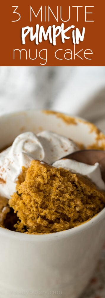 This Pumpkin Mug Cake Recipe is ready in just 3 minutes! It's the perfect single serve dessert this Fall!