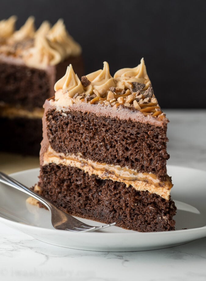 This Chocolate Dulce de Leche Cake is made with a doctored up chocolate cake mix and a super easy chocolate cream cheese frosting!