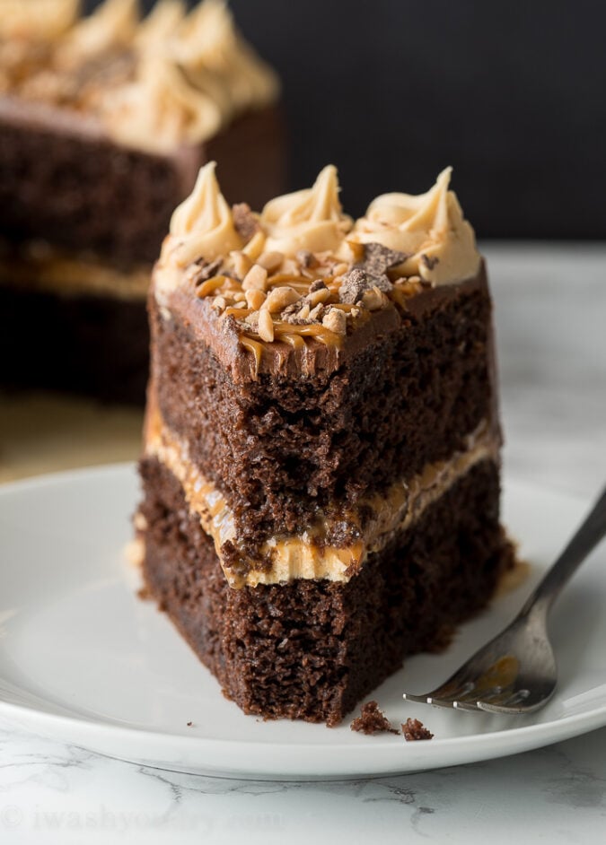 This Chocolate Dulce de Leche Cake is made with a doctored up chocolate cake mix and a super easy chocolate cream cheese frosting!