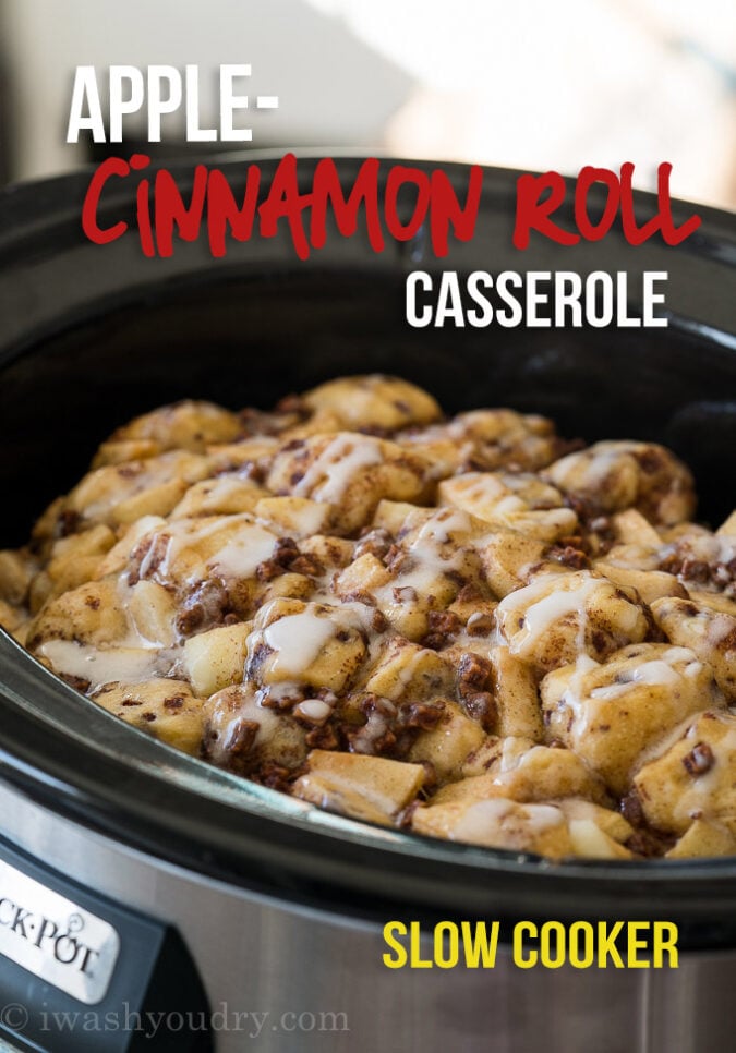 Just toss the ingredients in your crock pot and this Slow Cooker Apple Cinnamon Roll Bake will be ready in a flash!