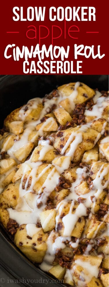 This Slow Cooker Apple Cinnamon Roll Bake is filled with warm cinnamon rolls and tender apple bits. It's the perfect easy breakfast for Christmas morning!