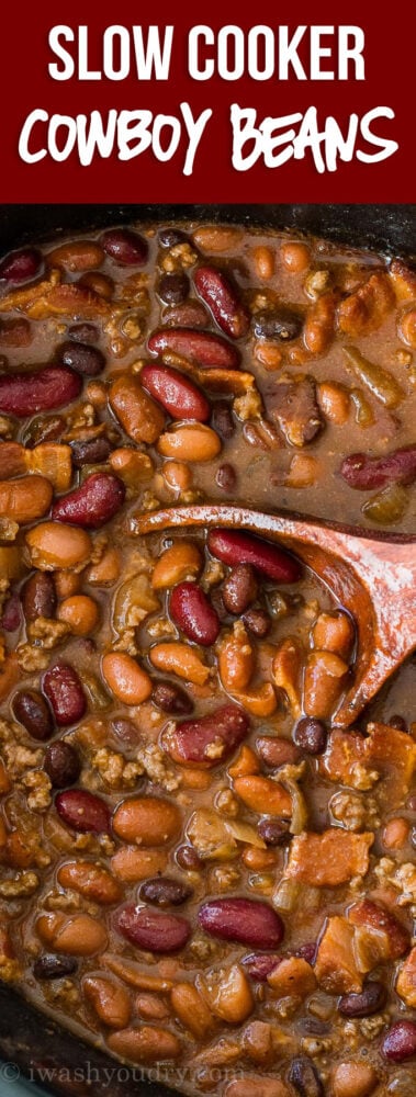 These Slow Cooker Steakhouse Cowboy Baked Beans are a thick and hearty side dish with a punch of savory and sweet spices!