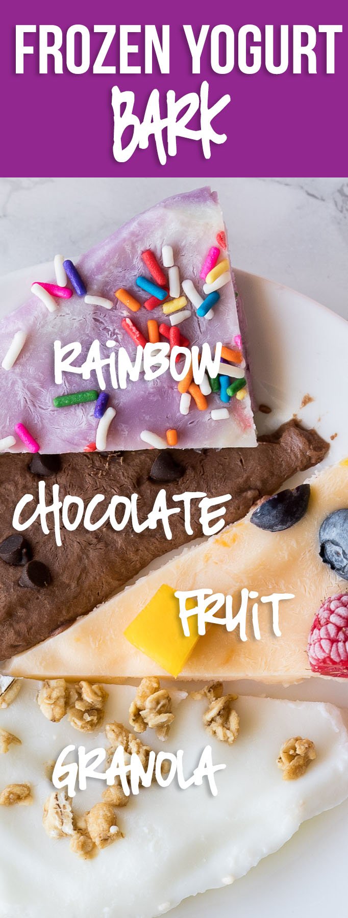 These super easy Frozen Yogurt Bark recipes are 4 different varieties made with no added sugar that even the pickiest of eaters would enjoy!