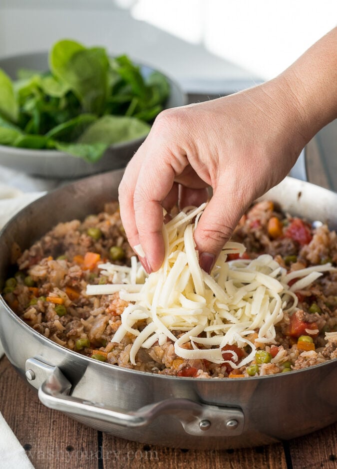 My family LOVED this super cheesy and easy Italian Beef and Rice Skillet!