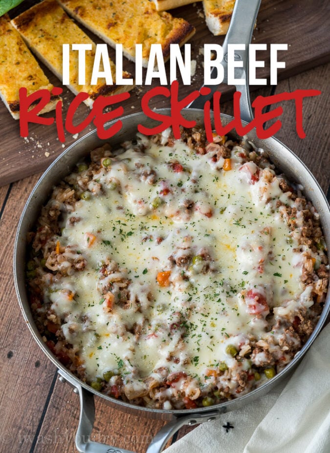 This Italian Beef and Rice Skillet is ready in less than 30 minutes and is a family favorite weeknight dinner!