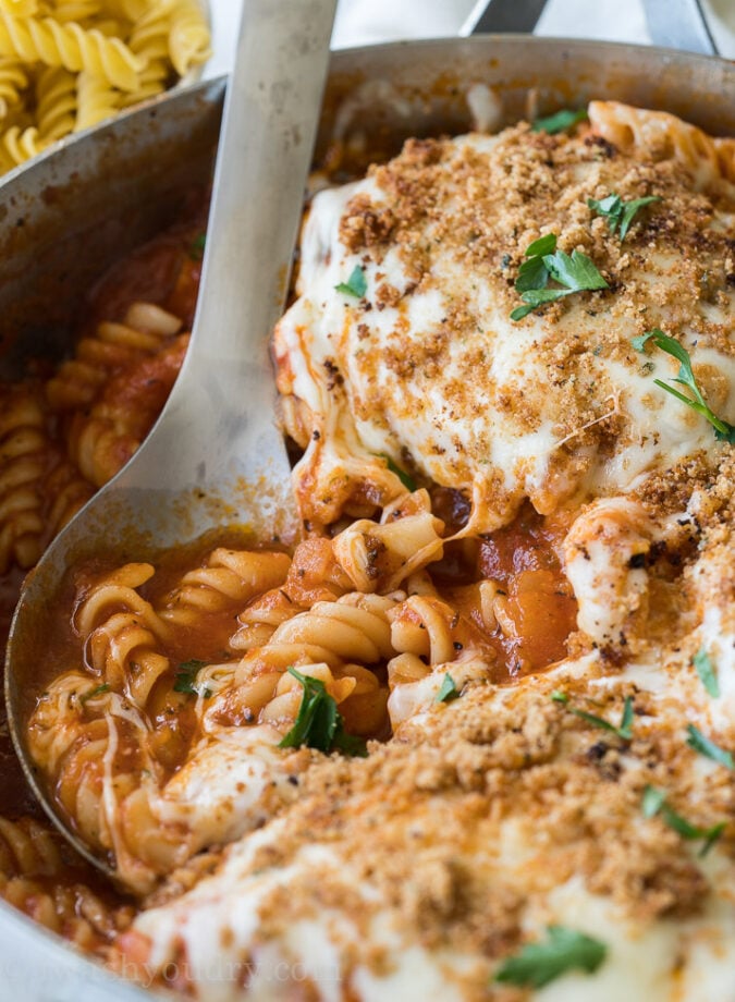 WOW! This One Skillet Chicken Parmesan Pasta was a total winner with my picky kids!