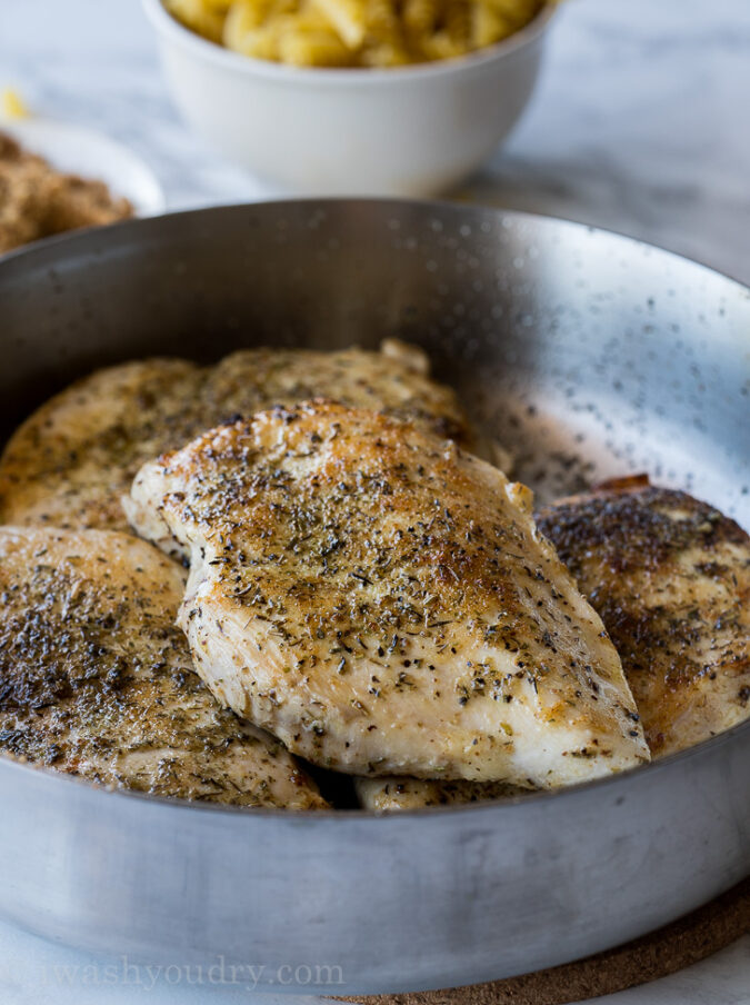 Start by searing chicken in a skillet over high heat for this super easy one skillet dinner recipe.