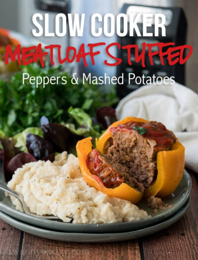 WINNER! My family LOVED this Slow Cooker Meatloaf Stuffed Peppers with Mashed Potatoes! So easy and a complete dinner in one pot!
