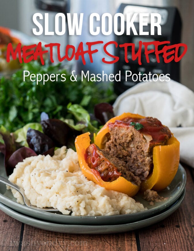 WINNER! My family LOVED this Slow Cooker Meatloaf Stuffed Peppers with Mashed Potatoes! So easy and a complete dinner in one pot! 