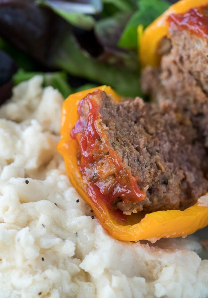 Even my kids LOVED these Meatloaf Stuffed Peppers with Mashed Potatoes!