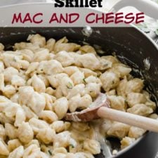 This One Skillet Mac and Cheese is loaded with 3 different flavors of cheese and ready in under 30 minutes! Super kid friendly dinner that even adults LOVE!
