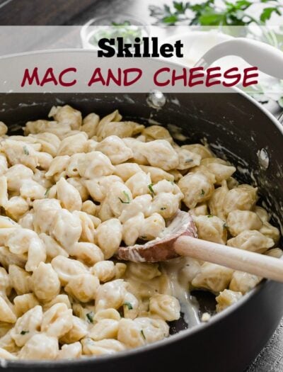 This One Skillet Mac and Cheese is loaded with 3 different flavors of cheese and ready in under 30 minutes! Super kid friendly dinner that even adults LOVE!