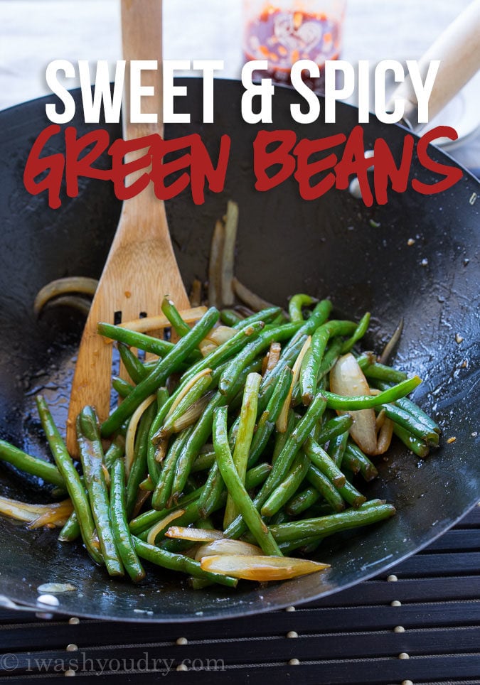 These Sweet and Spicy Green Beans are a super easy vegetable side dish with an Asian flare! Perfect for a busy weeknight dinner!