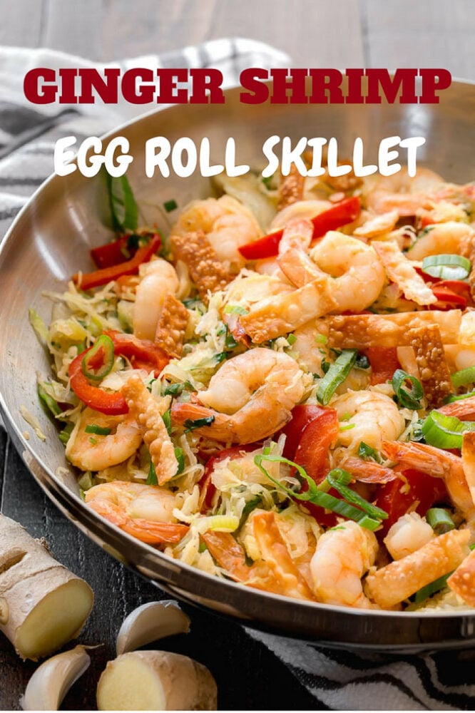 This super fast, one skillet, colorful and flavorful ginger shrimp egg roll skillet dinner will soon be your go-to dinner. Seriously nutritious, this stir-fry is packed with veggies and aromatic flavors like fresh ginger, garlic and toasted sesame! 