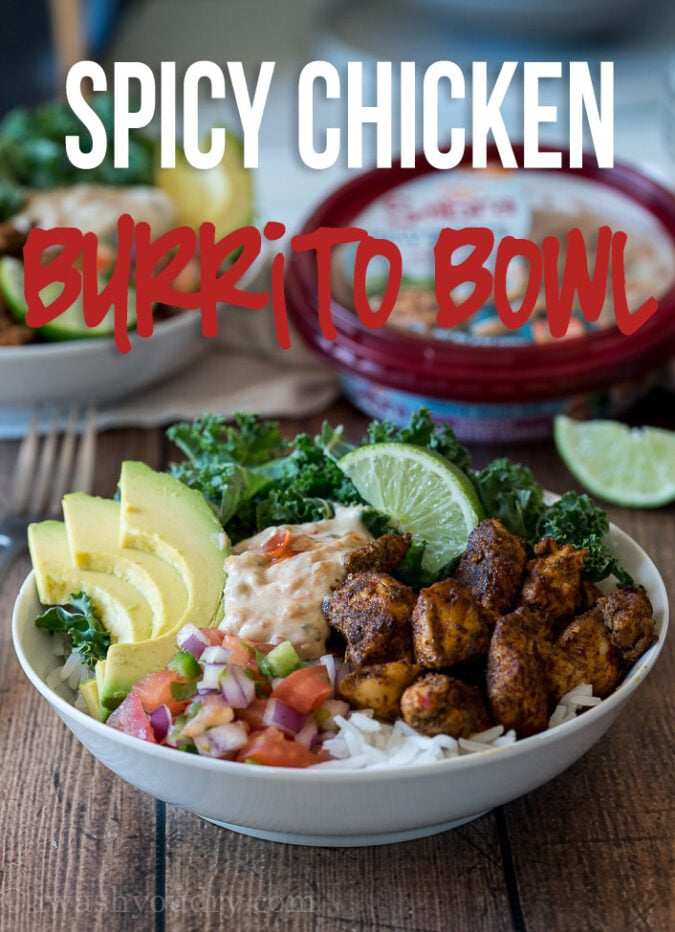 These Spicy Chicken Burrito Rice Bowls are filled to the brim with plump chicken, creamy avocado and delicious white bean hummus!