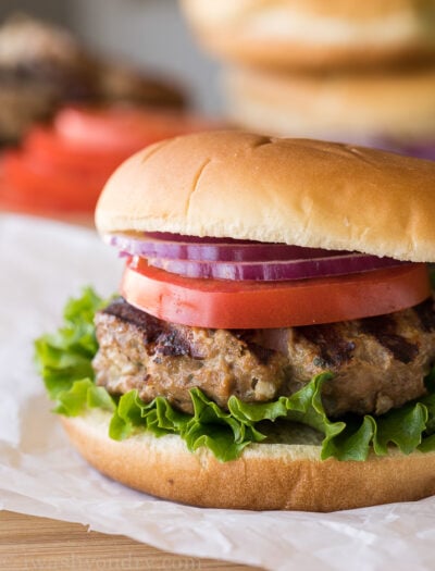 Top your turkey burgers with whatever makes your heart sing! I love lettuce, tomato and onion!
