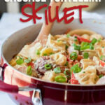 OMG! This Creamy Sausage Tortellini Skillet is a super quick weeknight dinner recipe that my whole family loves! It's on our weekly dinner menu now!