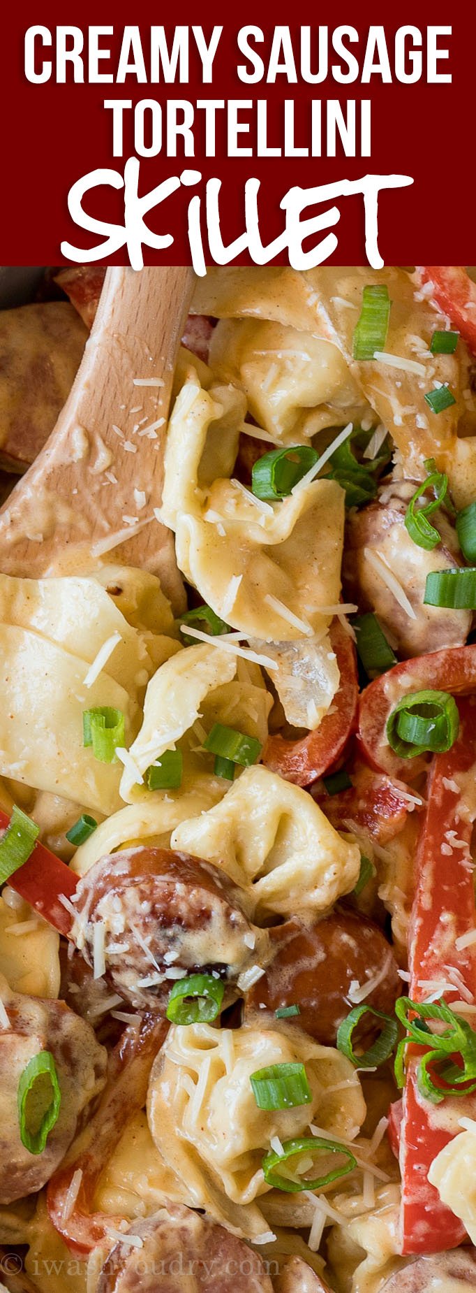 OMG! This Creamy Sausage Tortellini Skillet is a super quick weeknight dinner recipe that my whole family loves! It's on our weekly dinner menu now!
