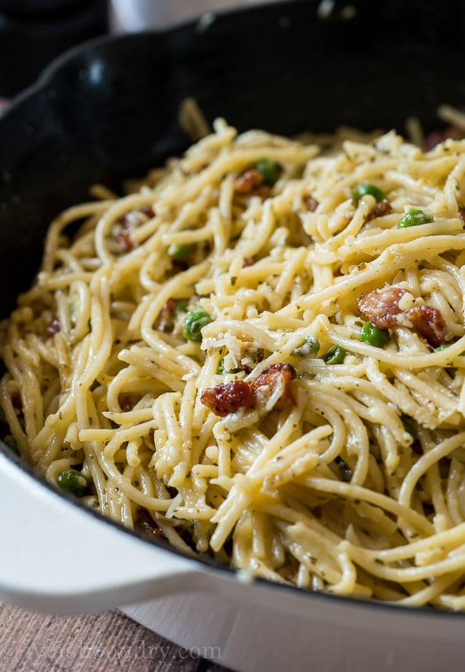 This creamy Pesto Spaghetti Carbonara is just 6 ingredients and ready in 20 minutes! A definite family favorite!