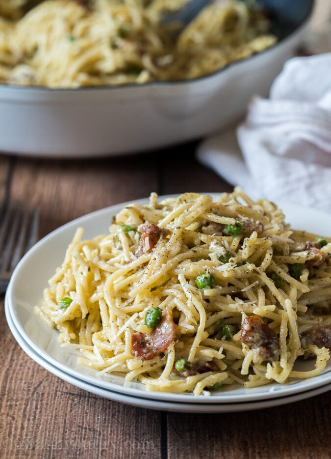 This creamy Pesto Spaghetti Carbonara is just 6 ingredients and ready in 20 minutes! A definite family favorite!