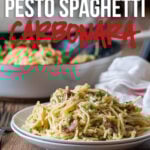 This creamy Pesto Spaghetti Carbonara is just 6 ingredients and ready in 20 minutes! A definite family favorite!