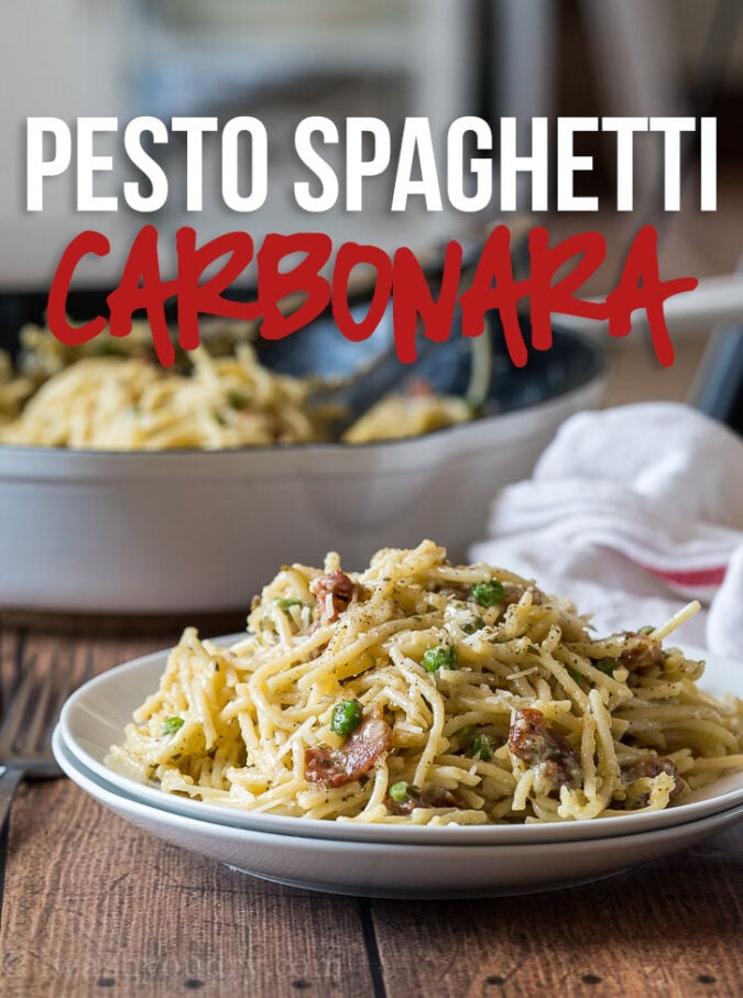 This creamy Pesto Spaghetti Carbonara is just 6 ingredients and ready in 20 minutes! A definite family favorite!