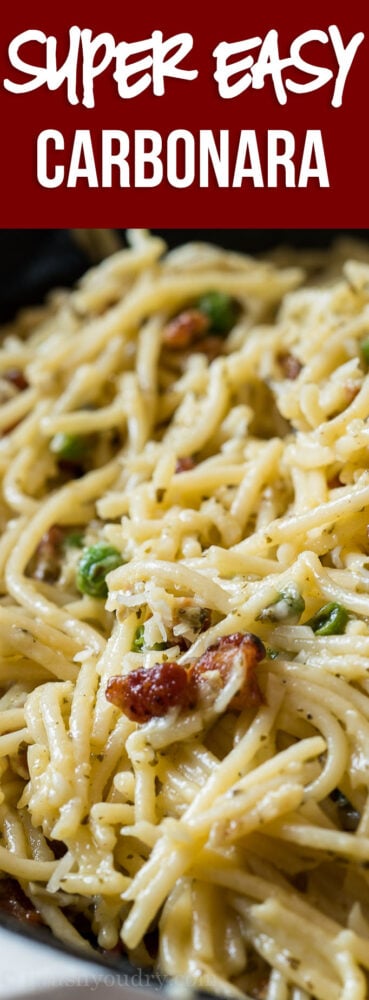 This creamy Pesto Spaghetti Carbonara is just 6 ingredients and ready in 20 minutes! A definite family favorite!