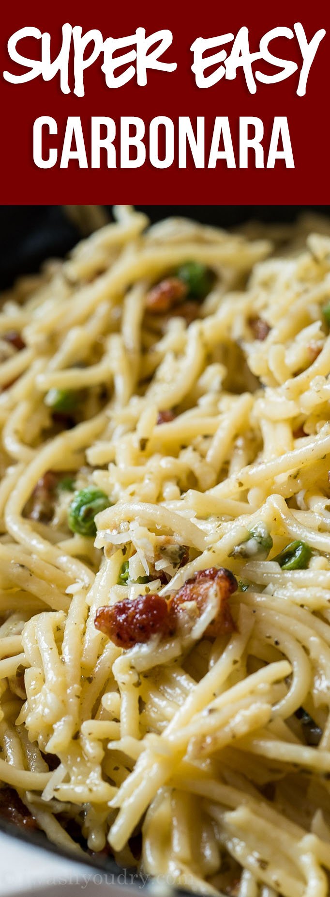 This creamy Pesto Spaghetti Carbonara is just 6 ingredients and ready in 20 minutes for a quick and easy weeknight dinner.
