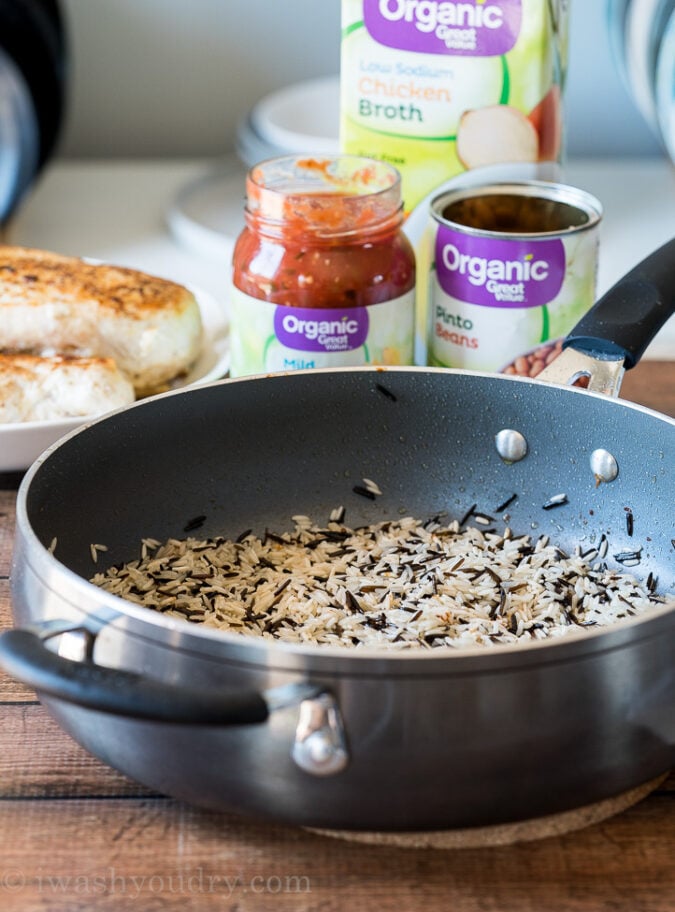 Toast the long grain and wild rice in Great Value Organic Olive Oil and a little butter before adding in chicken broth, salsa and lime juice!