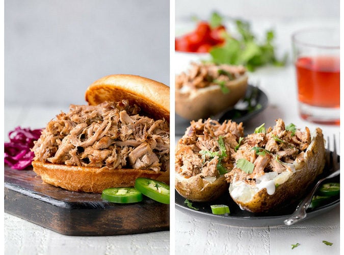 2 pictures of food. Left: shredded slow pork between 2 buns. Right: shredded pork on baked potatoes