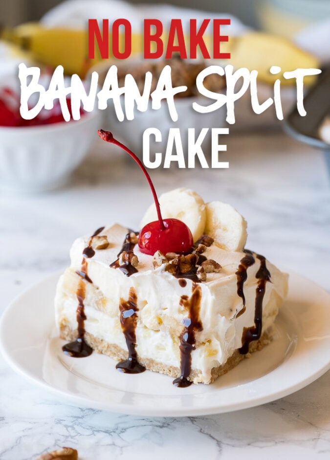 This No Bake Banana Split Cake is the perfect cool and creamy treat for all your summer potlucks and bbqs! 