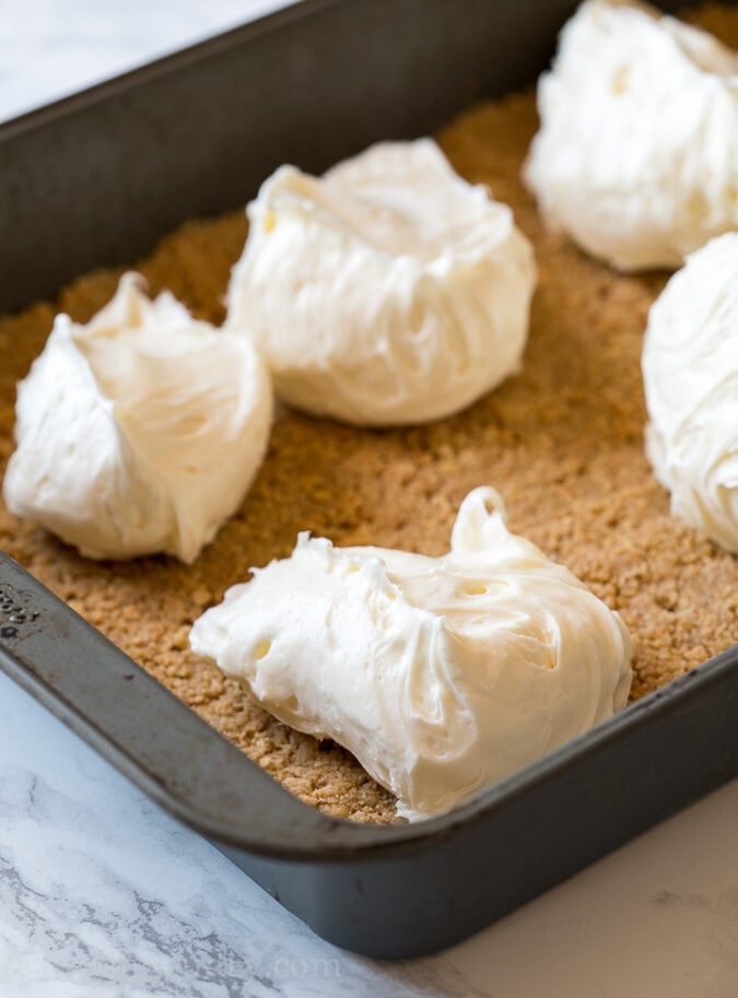 Press your graham cracker crust into the bottom of a 9x13" pan and then freeze. Top with a simple cheesecake layer and spread it out into an even layer.