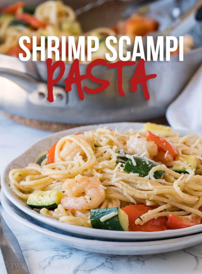 Shrimp Scampi Zucchini Pasta is filled with tender shrimp, zucchini, bell peppers and pasta in a buttery garlic sauce that's ready in just 15 minutes!