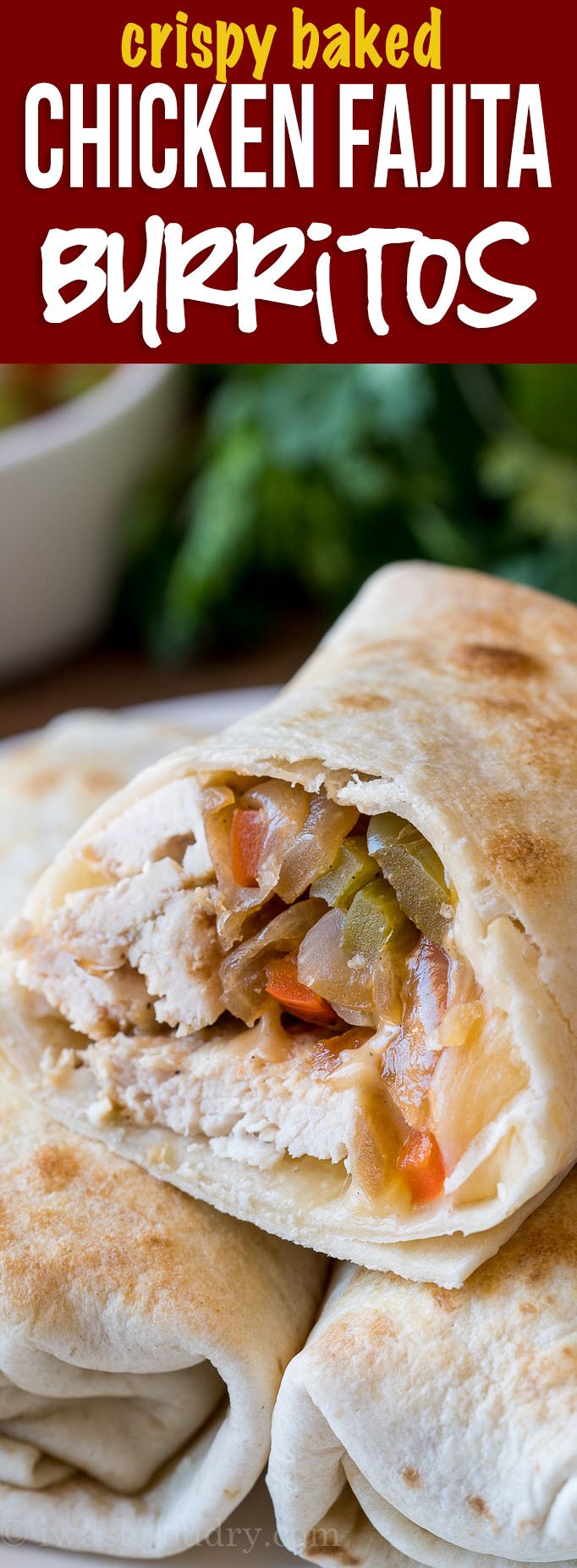 These super easy Baked Chicken Fajita Burritos are filled with charred bell peppers and onions, loads of cheese and tender grilled chicken!