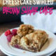This Cheesecake Swirled Brown Sugar Cake is filled with plump raspberries and topped with a crisp brown sugar topping!