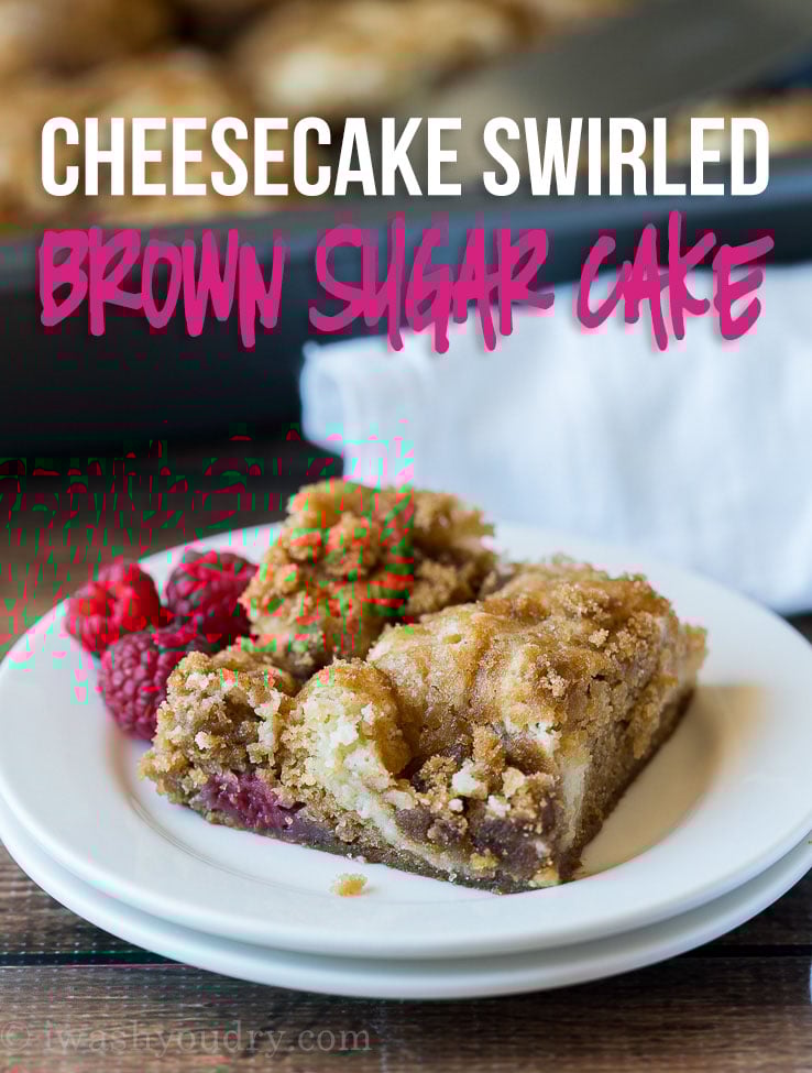 This Cheesecake Swirled Brown Sugar Cake is filled with plump raspberries and topped with a crisp brown sugar topping!
