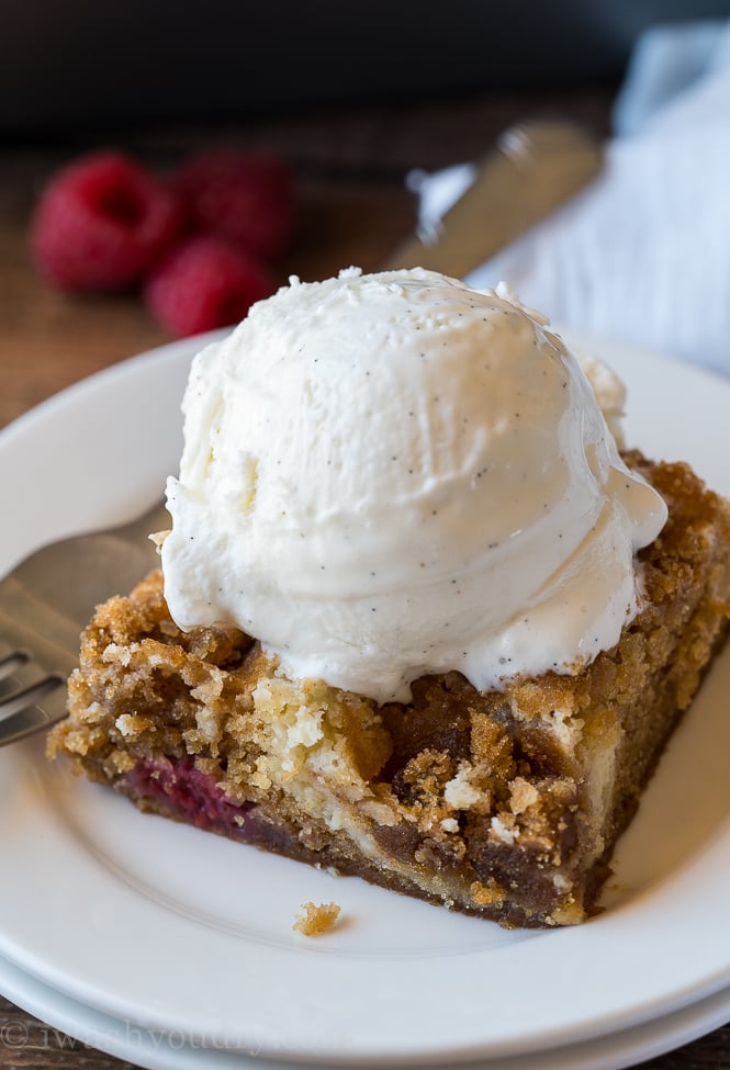 The swirl of cheesecake in this raspberry brown sugar cake is simply irresistible!