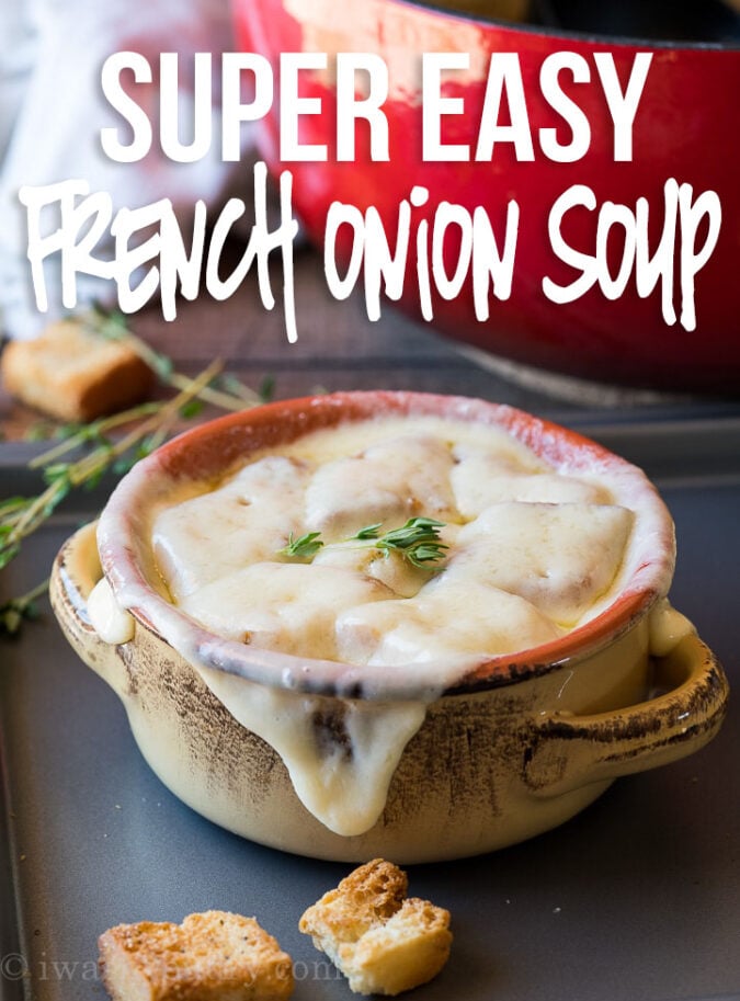 This quick and easy French Onion Soup Recipe is filled with caramelized onions in an aromatic broth and topped with melty cheese!