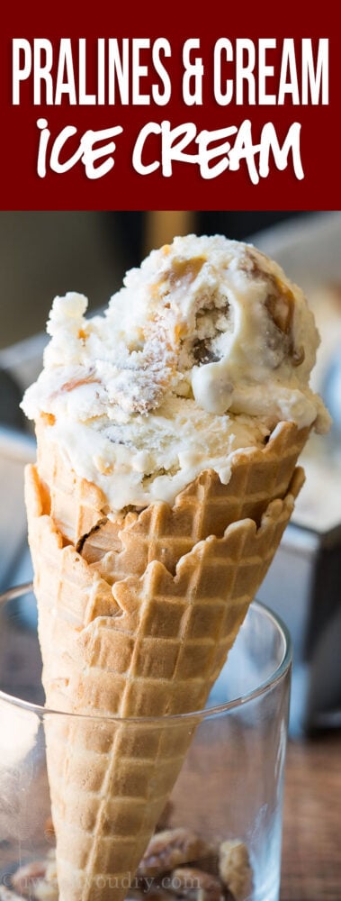 Cool off with this super smooth and creamy Homemade Ice Cream Recipe that's filled with ribbons of caramel and chunks of candied pecans!
