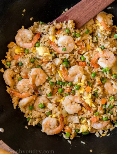 Super easy Shrimp Fried Rice Recipe made in a skillet or wok for an easy weeknight dinner!